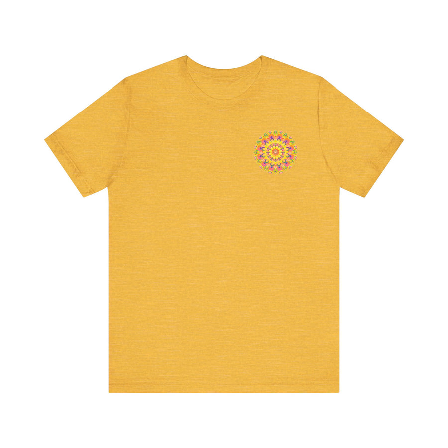 A close-up image of a vibrant mandala tee with intricate designs representing peace and harmony