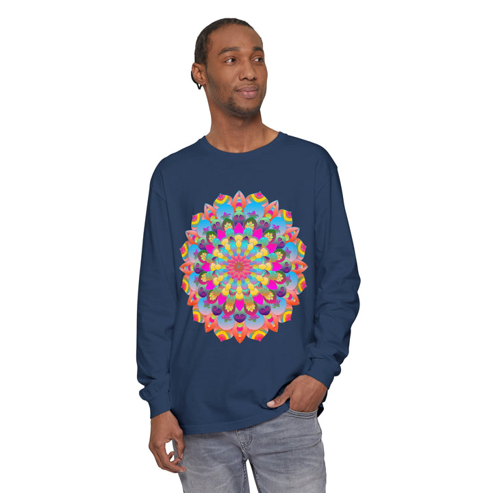 Close-up of psychedelic art long sleeve t-shirt with vibrant and colorful mandala pattern