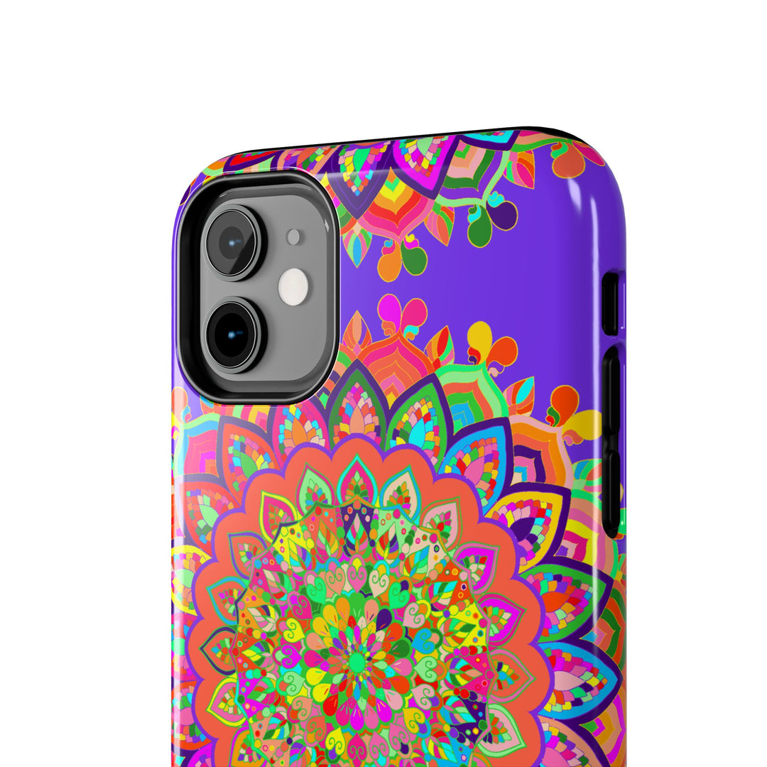 Hand drawn purple mandala art phone case with intricate floral design