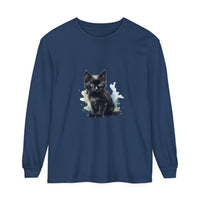 Black watercolor illustration of a cute kitten on a long sleeve t-shirt