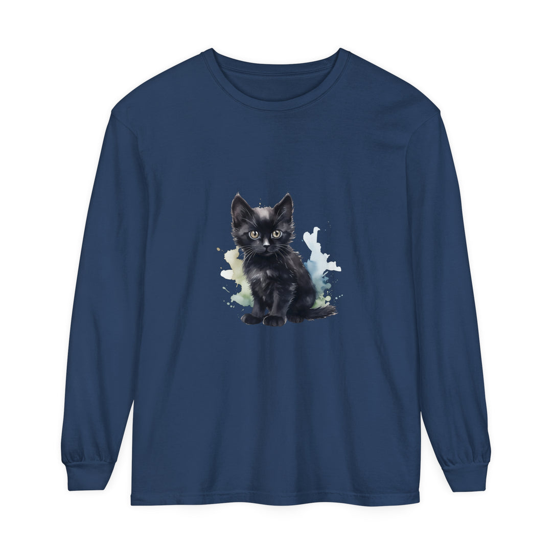 Black watercolor illustration of a cute kitten on a long sleeve t-shirt