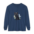 Black watercolor illustration of a cute kitten on a long sleeve t-shirt