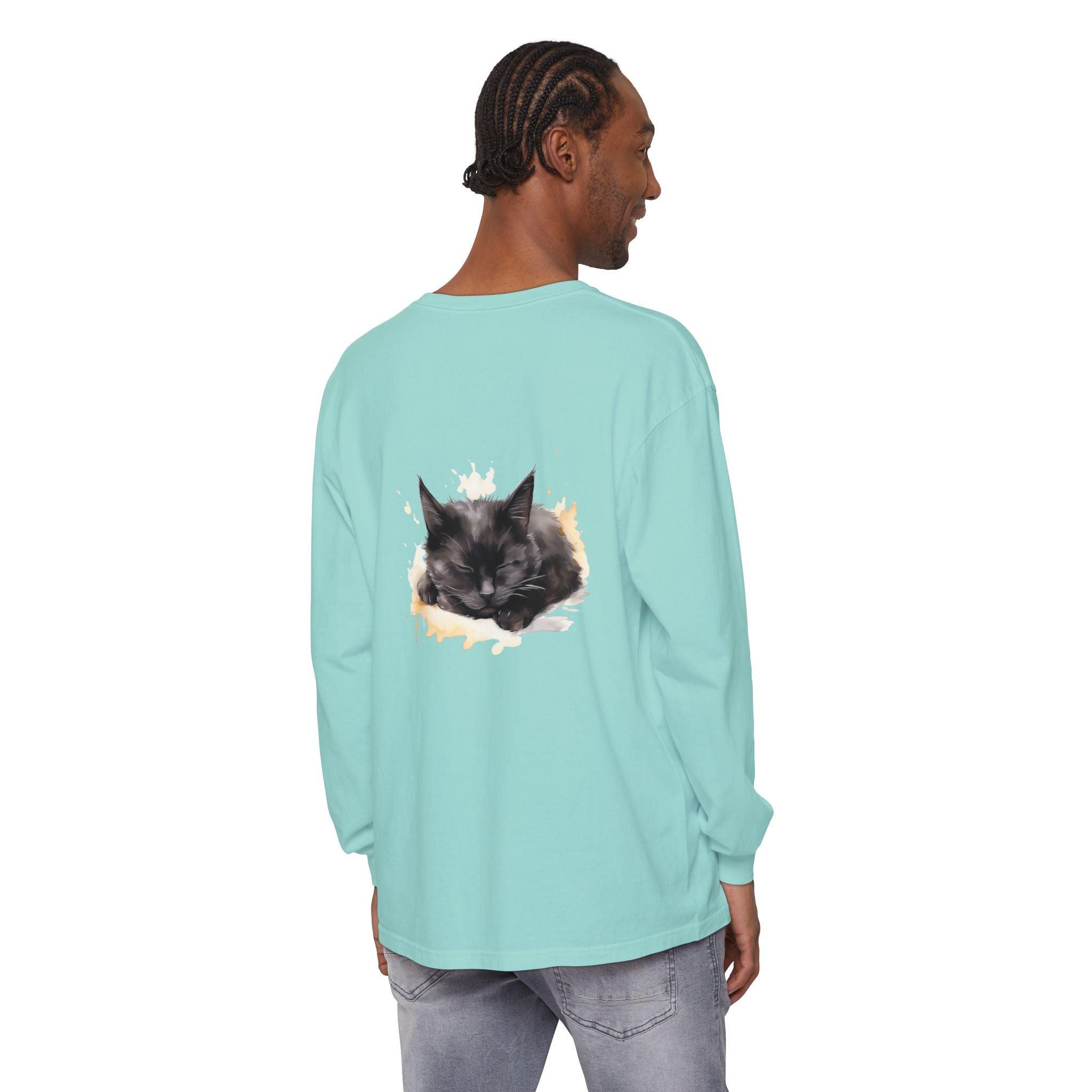 Sleepy Cat Watercolor Long Sleeve T-Shirt