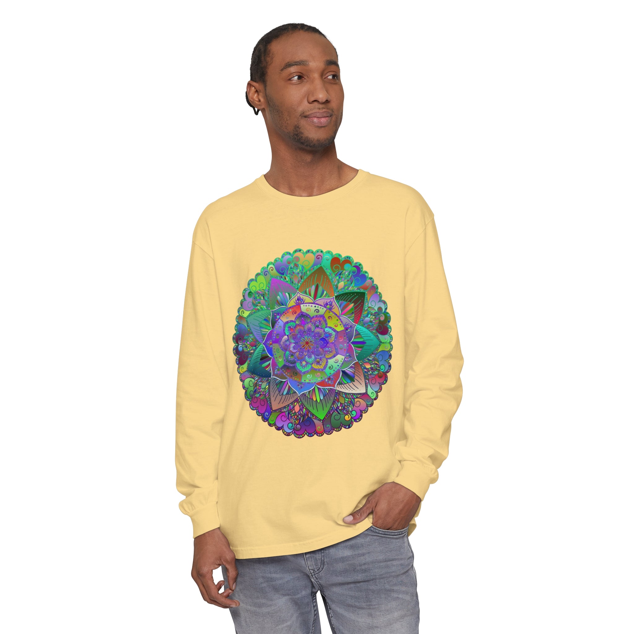 Vibrant mandala long sleeve t-shirt featuring colorful and intricate design, suitable for both men and women