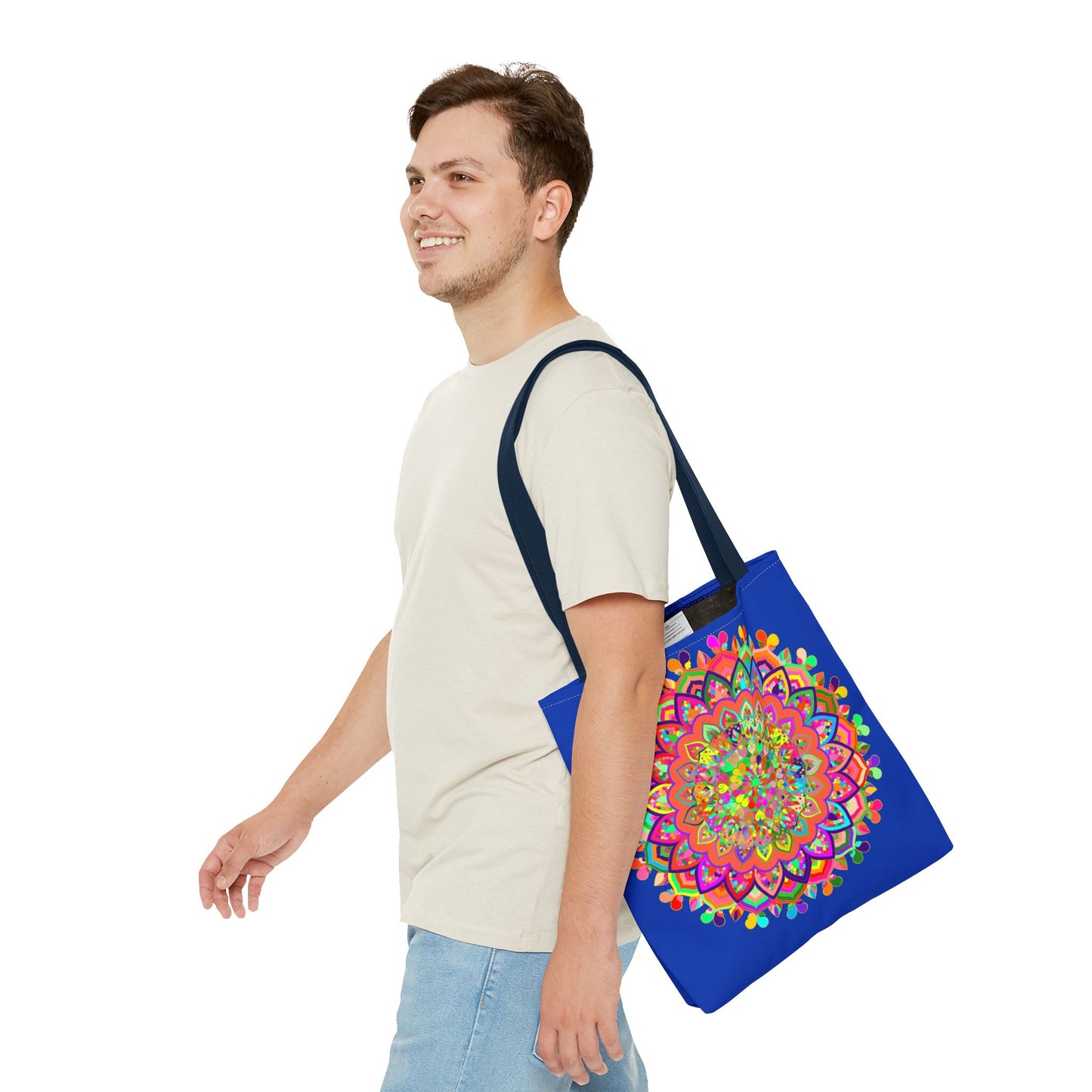 Dark blue tote bag featuring a colorful mandala art design, perfect for carrying your essentials in style