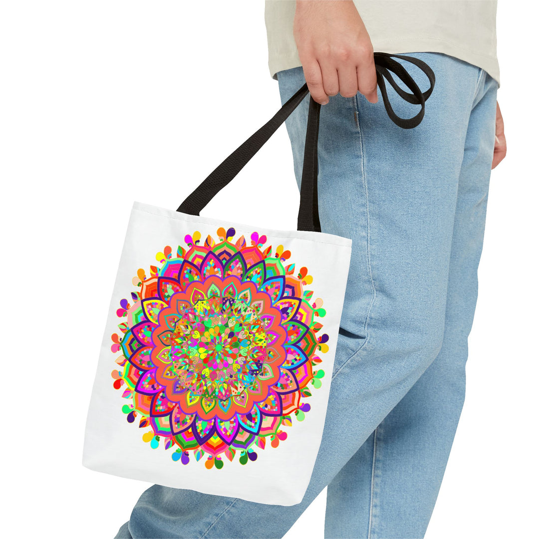 Vibrant and intricate mandala art tote bag featuring a colorful and eye-catching design perfect for carrying your belongings in style