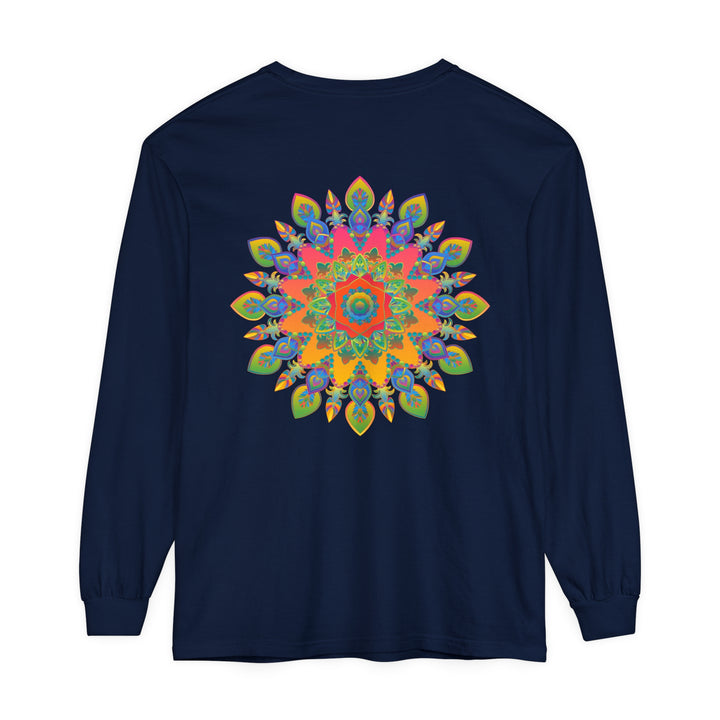 A colorful and intricate mandala design adorns this unisex long sleeve t-shirt, adding a vibrant touch to any outfit