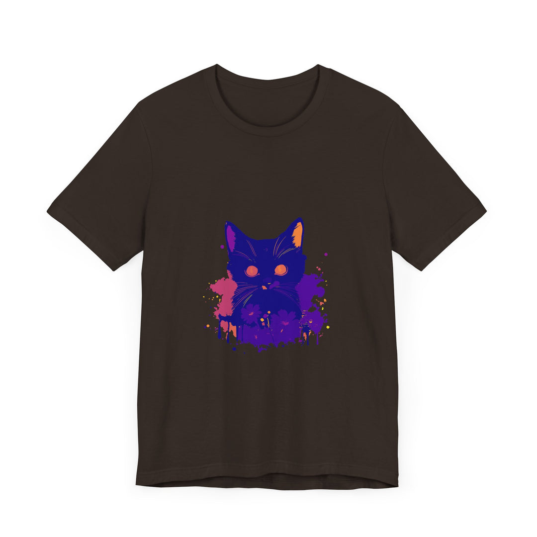 Black Cat Mystery - Abstract Art T-Shirt featuring a striking black cat design on a high-quality, comfortable black shirt