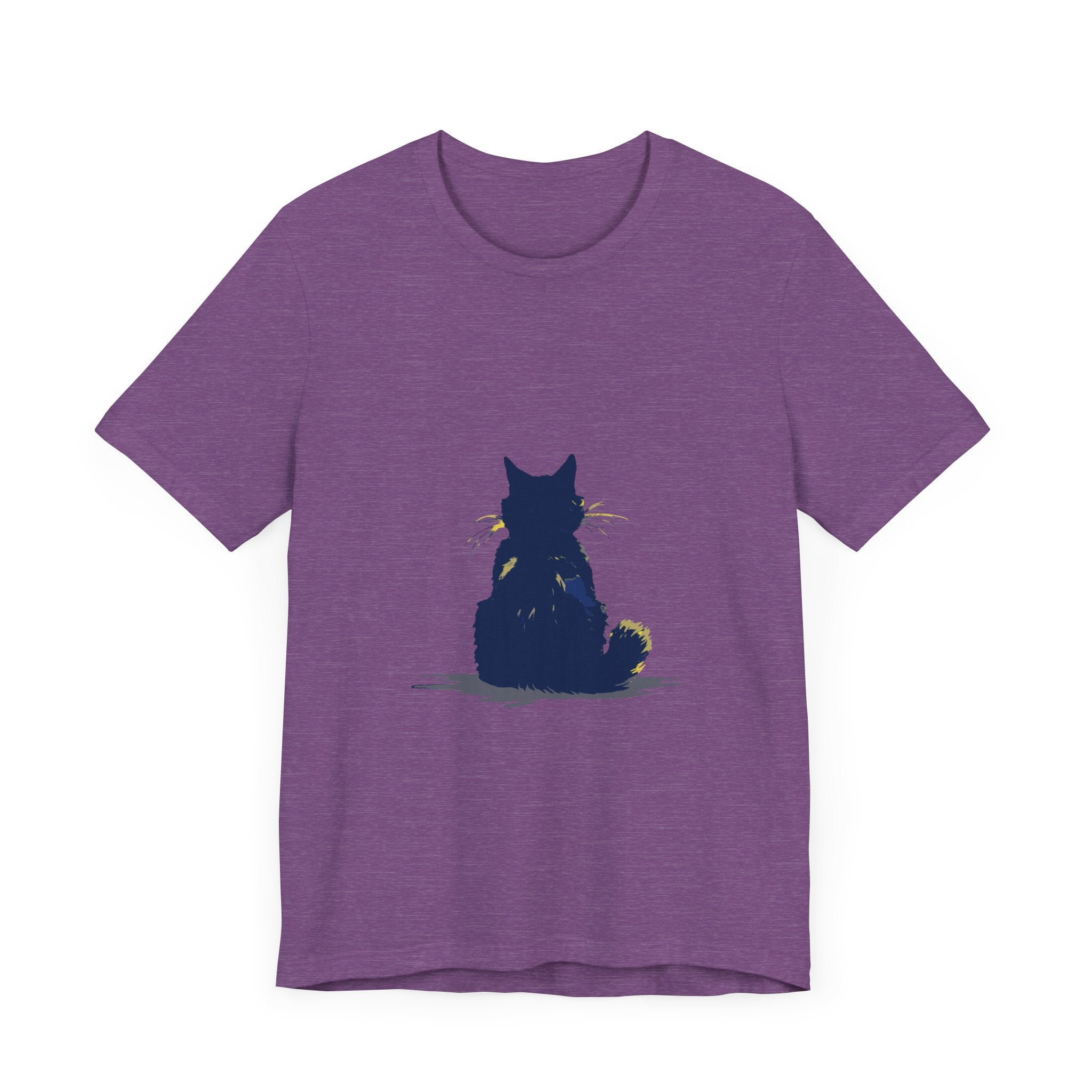 A black cat with glowing green eyes standing in front of a full moon, printed on a high-quality, comfortable black t-shirt, the perfect addition to any mystery lover's wardrobe