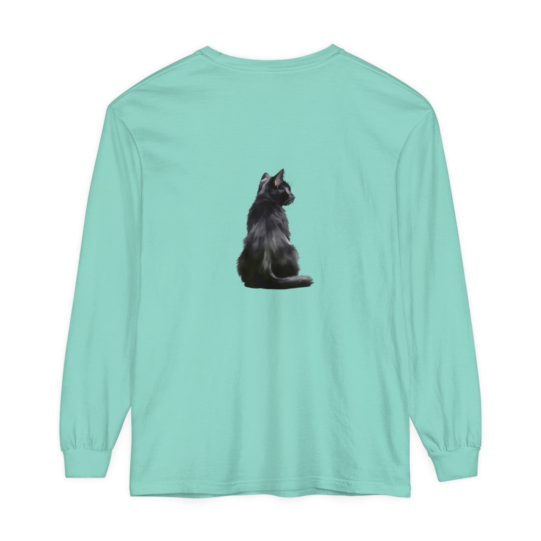 Black Cat Mystique Long Sleeve T-Shirt - A stylish and comfortable black long sleeve t-shirt featuring a mysterious black cat design