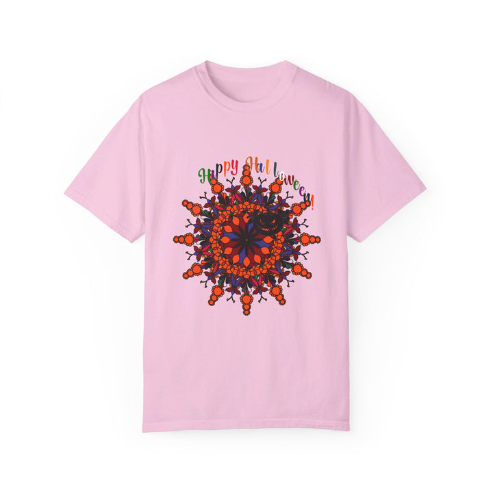 A close-up image of a Halloween Mandala T-shirt Unisex, featuring a handcrafted pumpkin mandala design, on a garment-dyed tee