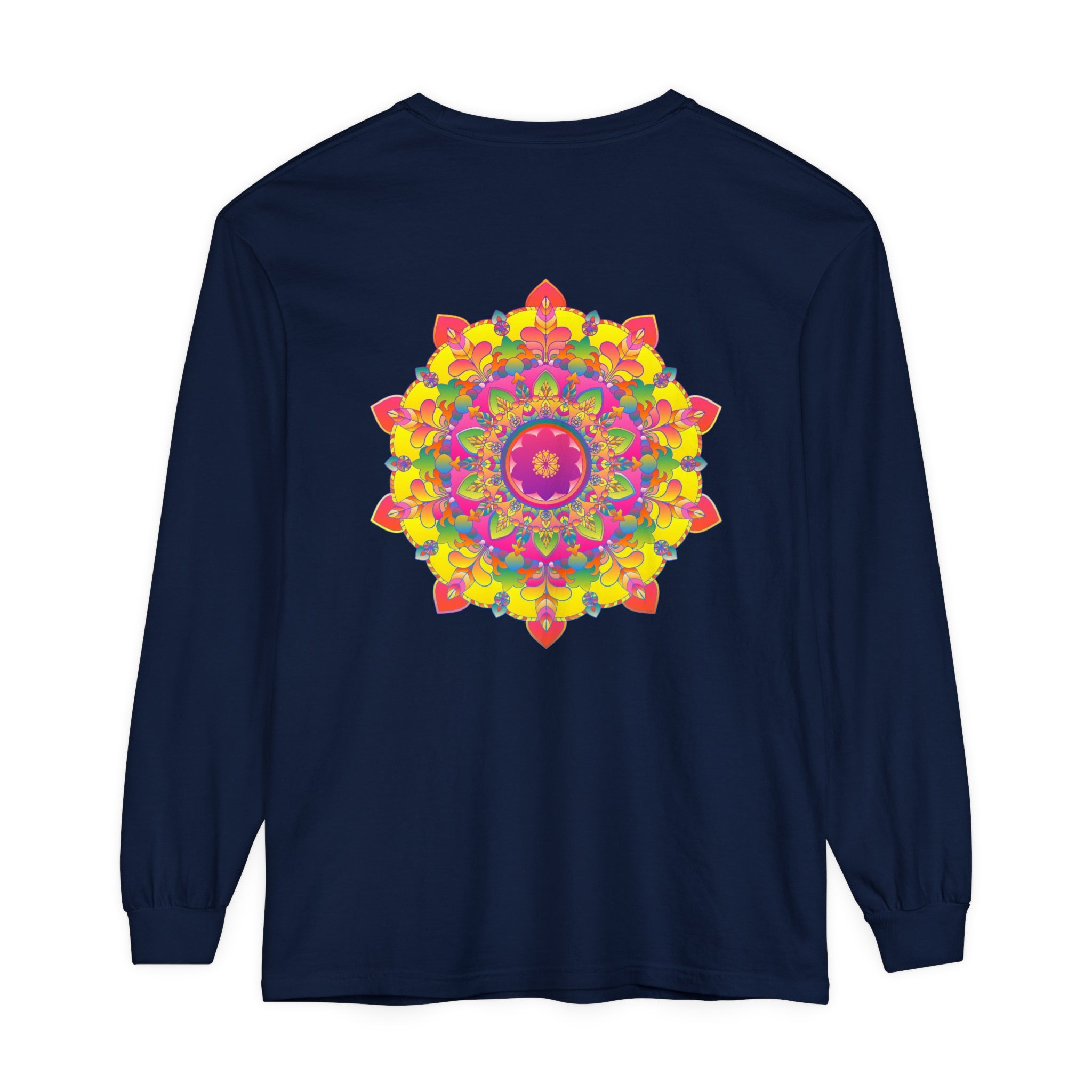 Colorful, intricate mandala design on a comfortable long sleeve t-shirt