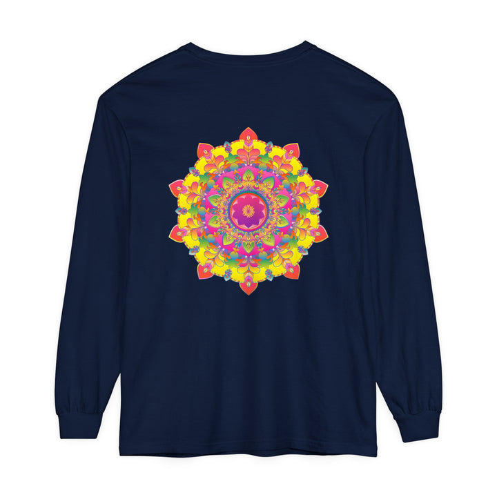 Colorful, intricate mandala design on a comfortable long sleeve t-shirt