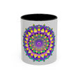 Beautiful and vibrant purple and yellow mandala art design on a ceramic mug