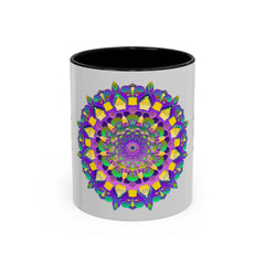 Beautiful and vibrant purple and yellow mandala art design on a ceramic mug