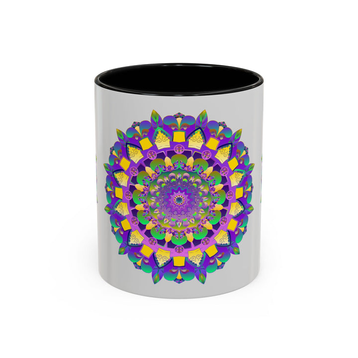 Beautiful and vibrant purple and yellow mandala art design on a ceramic mug