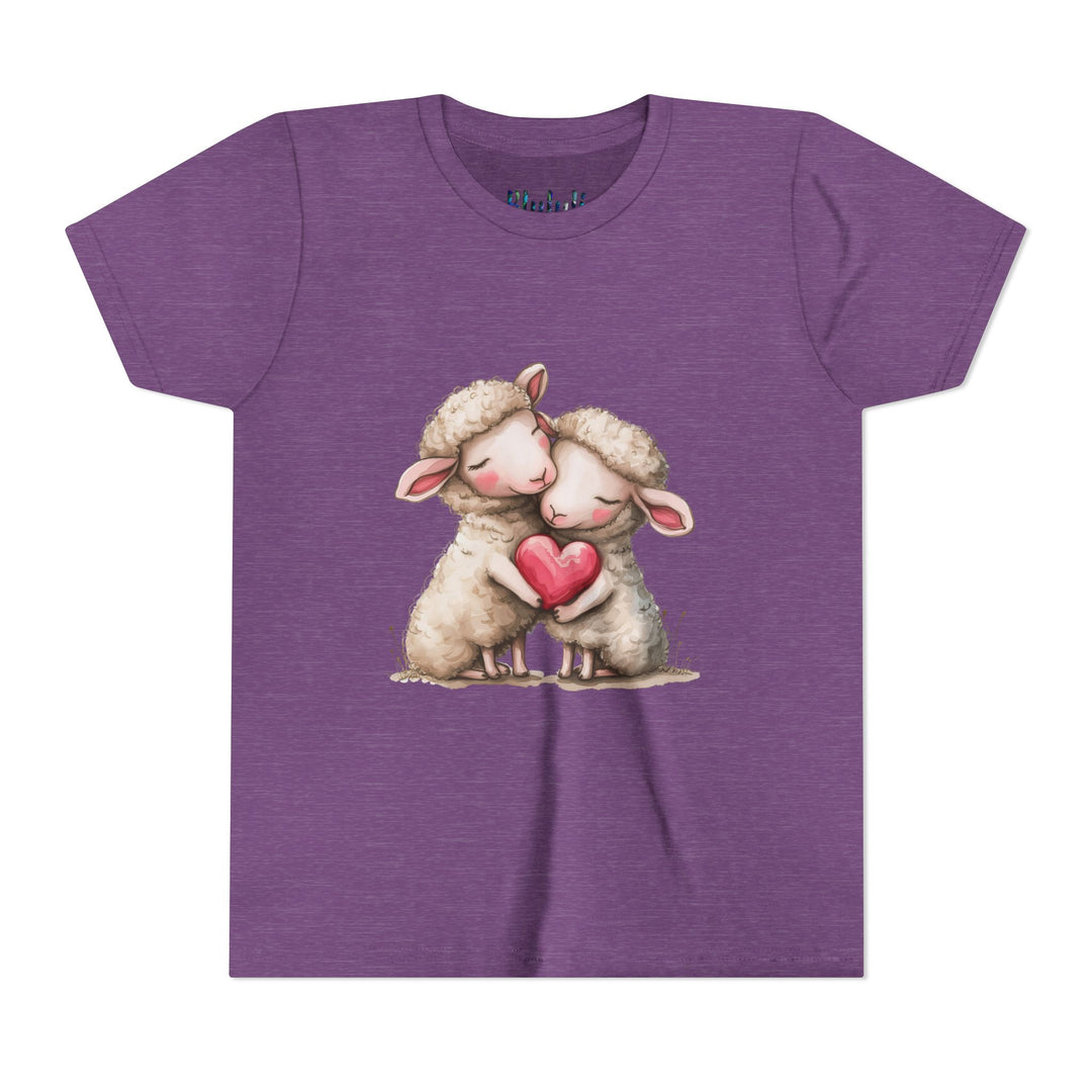 Jugend-T-Shirt – Cartoon-Schafe, die ein Herz umarmen, süßes und schönes Design 