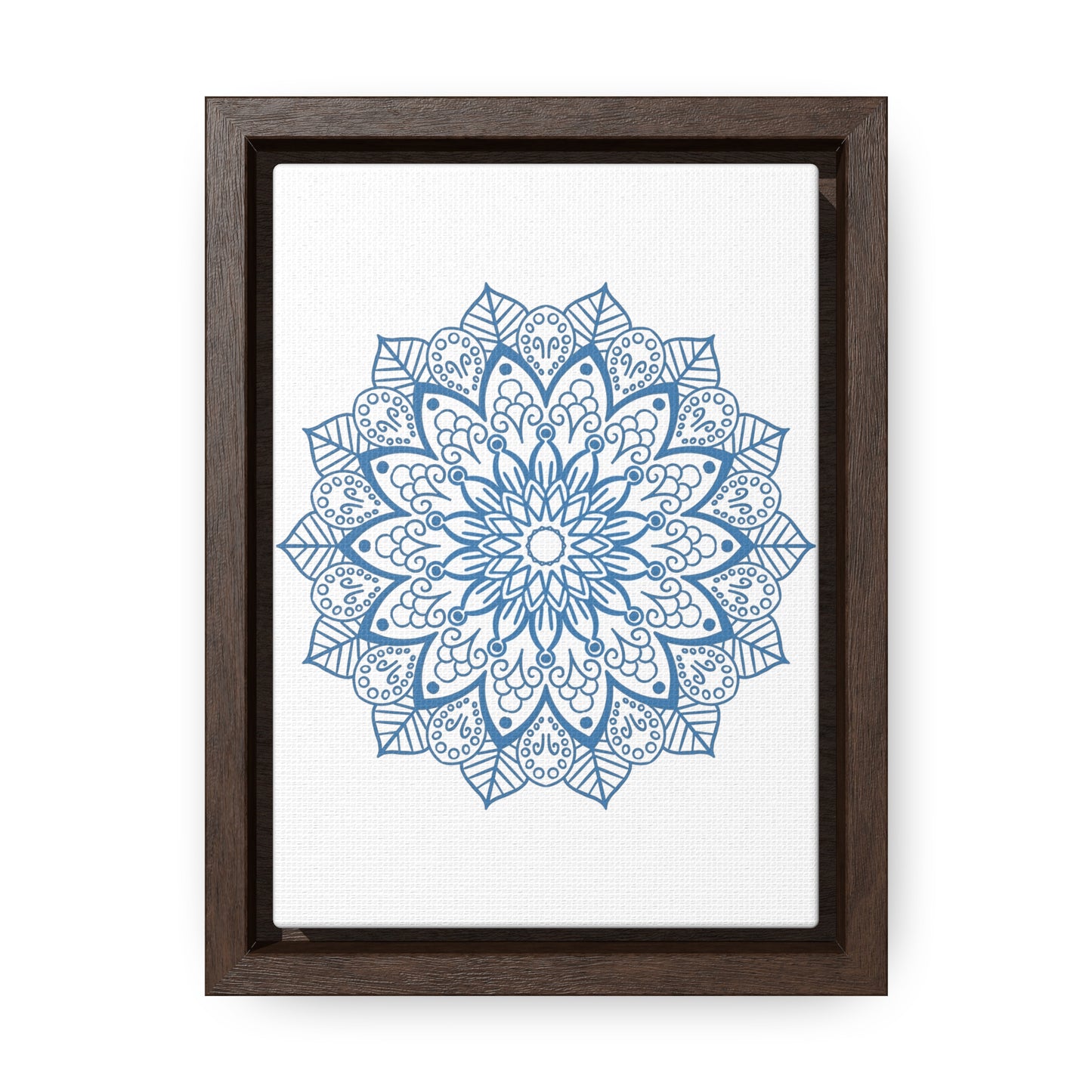 Beautiful Mandala Handmade Art in Steel Blue, showcased on vertical Gallery Canvas Wraps, perfect for adding a touch of elegance to any wall space