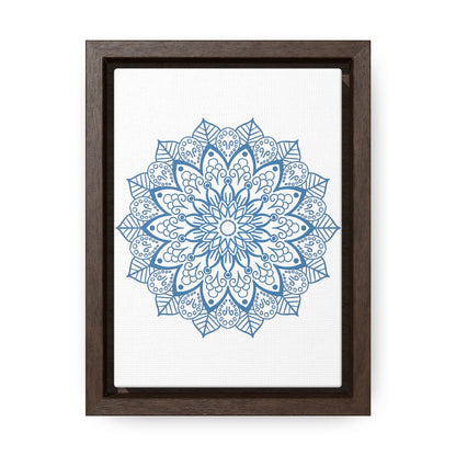 Beautiful Mandala Handmade Art in Steel Blue, showcased on vertical Gallery Canvas Wraps, perfect for adding a touch of elegance to any wall space