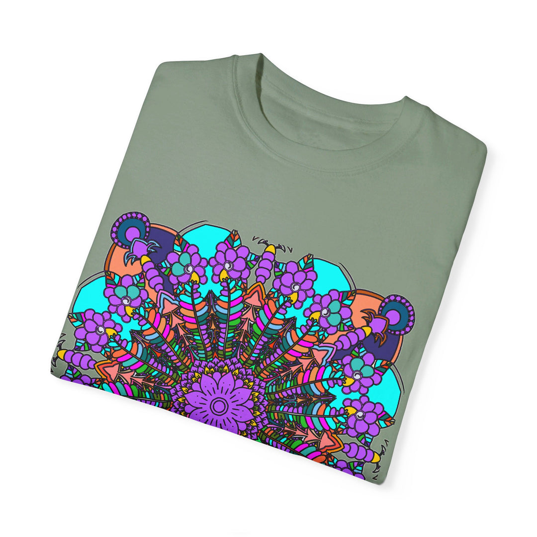 Colorful unisex mandala t-shirt made of 100% ring-spun cotton, hand-drawn mandala art, and garment-dyed for extra comfort