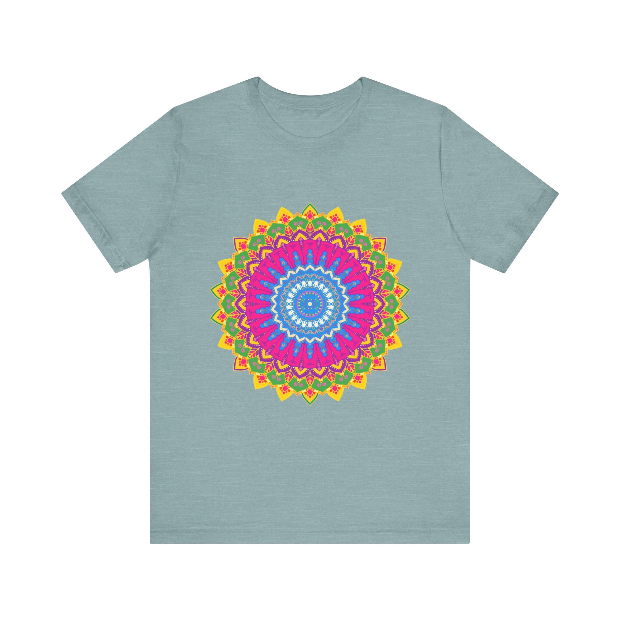 Vibrant Mandala Tee featuring a colorful and intricate design with vibrant shades of blue, pink, and yellow, perfect for adding a pop of color to any outfit