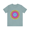 Vibrant Mandala Tee featuring a colorful and intricate design with vibrant shades of blue, pink, and yellow, perfect for adding a pop of color to any outfit