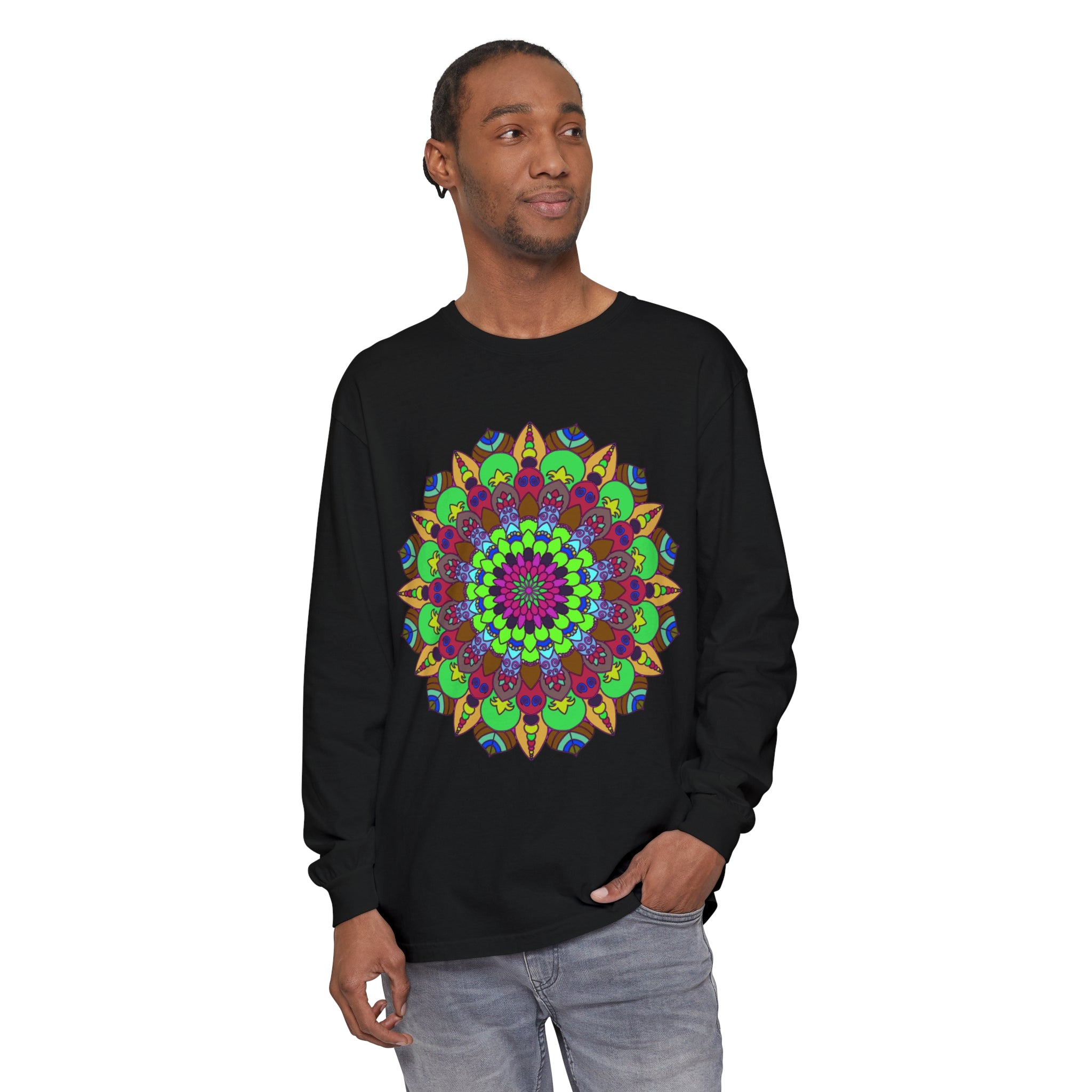 Vibrant and intricate mandala design on unisex long sleeve t-shirt