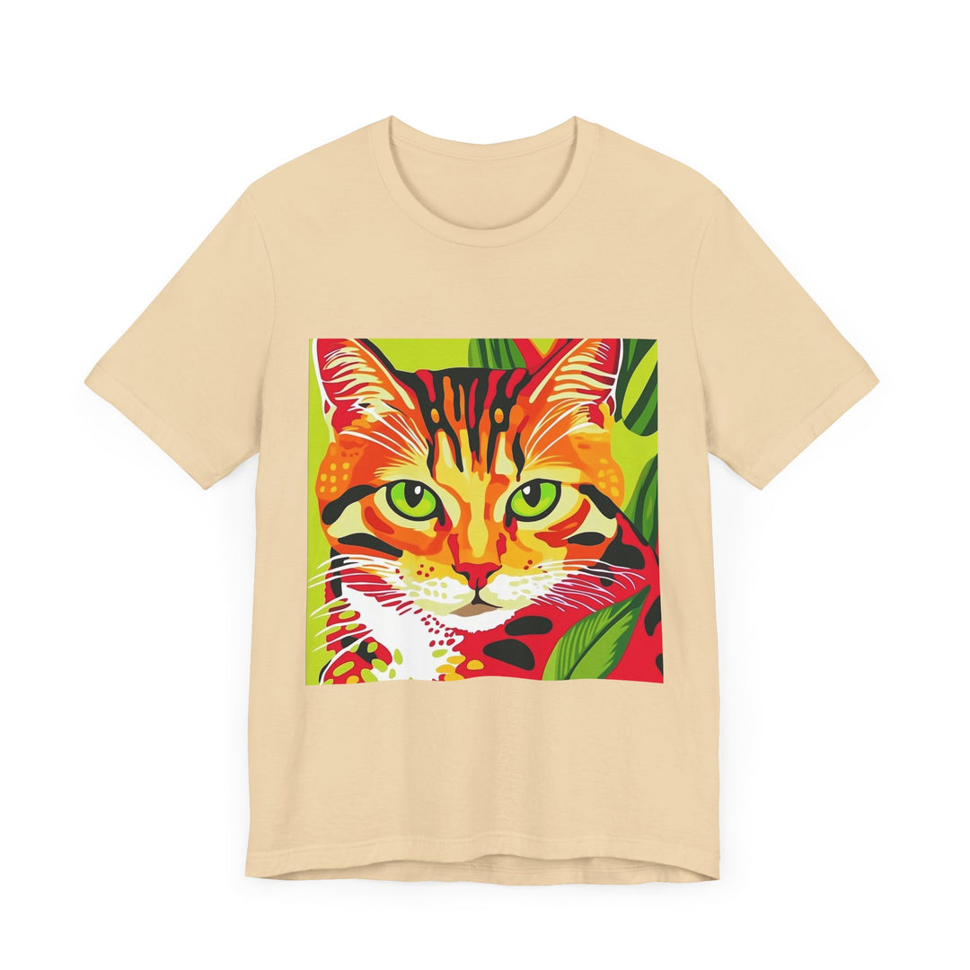 A close-up photo of a white short sleeve tee with a colorful striped cat graphic, the Savana Stripes Cat Short Sleeve Tee from top to bottom