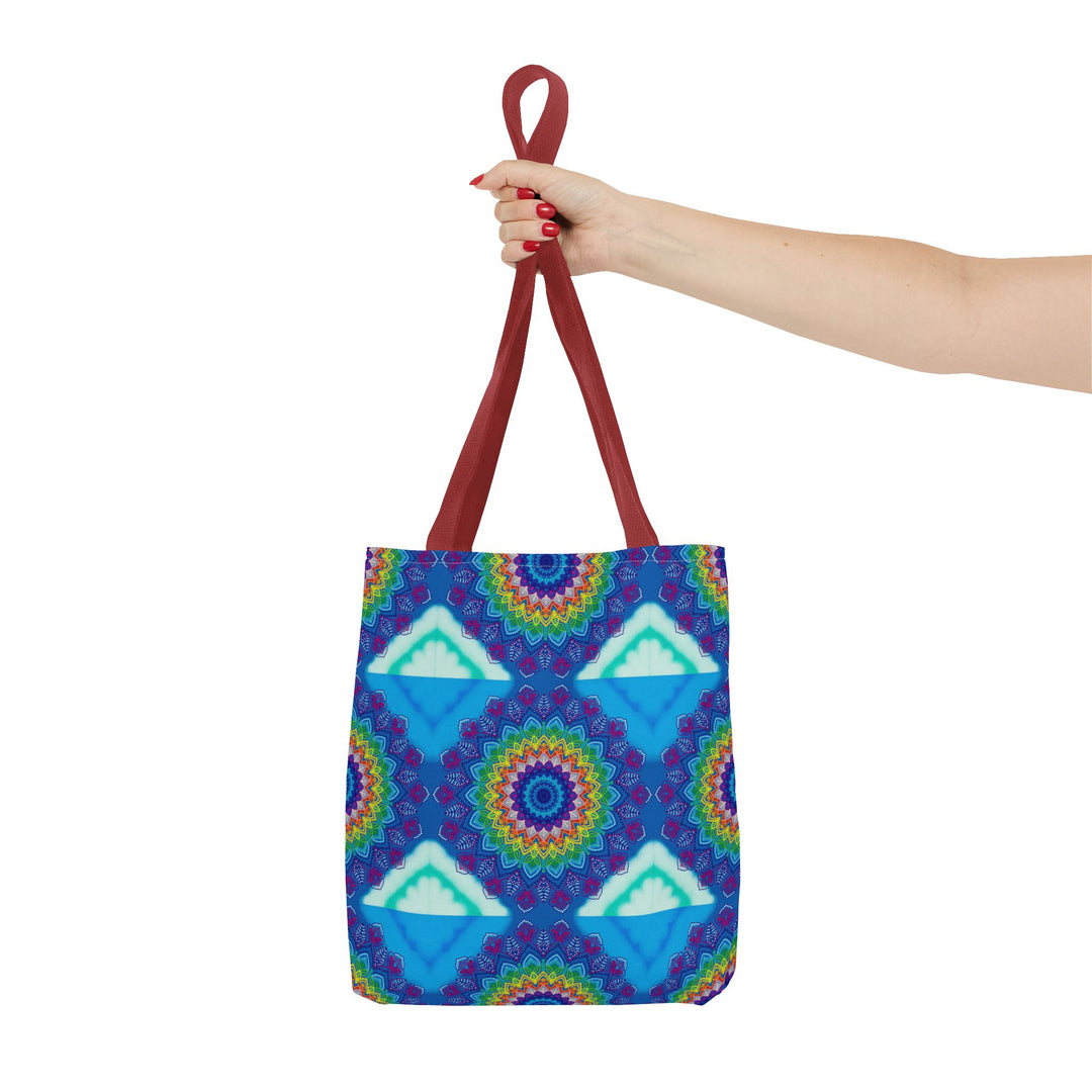 Vibrant and intricately designed mandala tote bag in a variety of bold colors