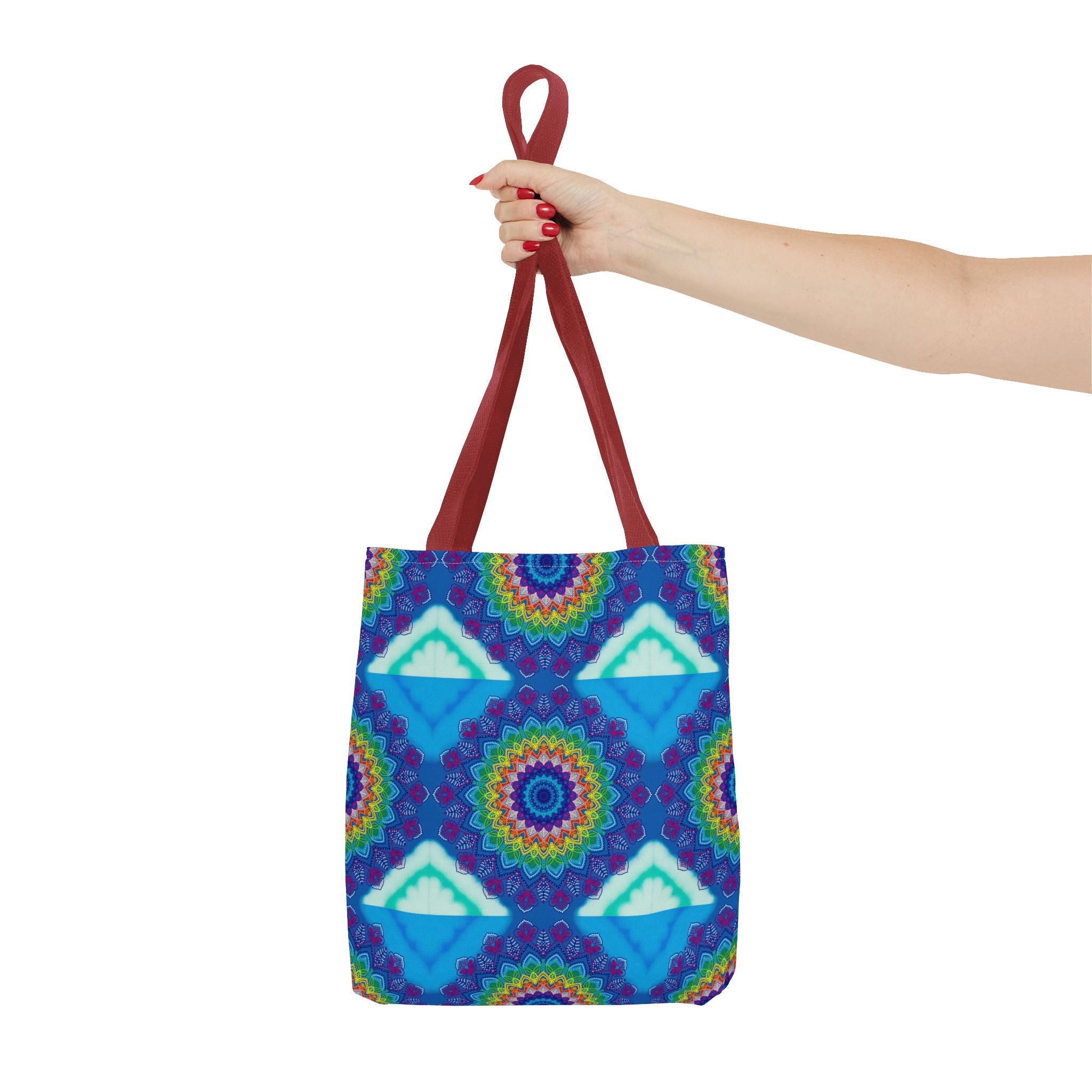 Vibrant and intricately designed mandala tote bag in a variety of bold colors