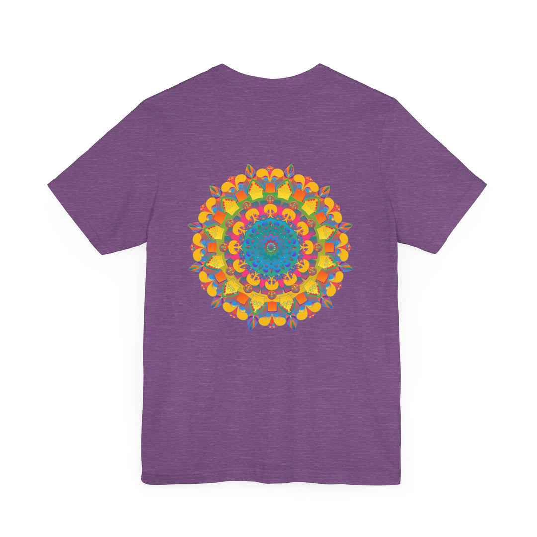 A close-up image of a white t-shirt featuring a vibrant mandala design, symbolizing peace and harmony through its intricate patterns and colorful hues