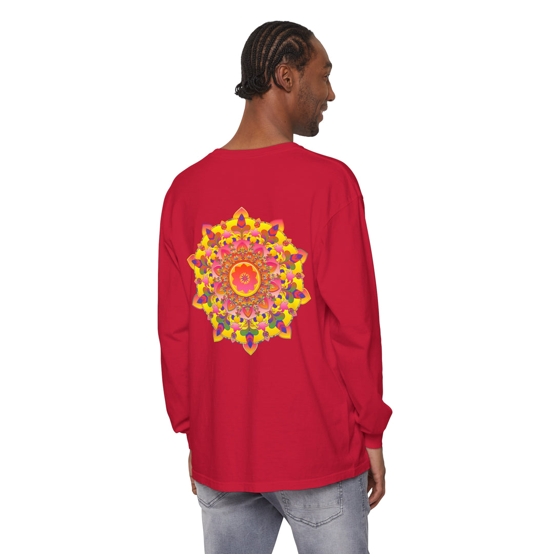 Colorful and intricate mandala design on a unisex long sleeve t-shirt