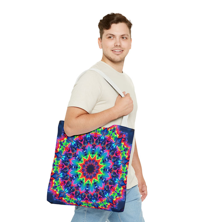 Colorful and intricate mandala design tote bag, perfect for hippie, bohemian, or festival-inspired outfits and accessories