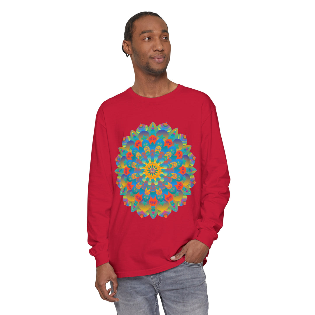 Colorful mandala design on a unisex long sleeve t-shirt