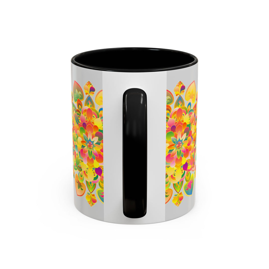 Colorful mandala art mug with intricate floral patterns and vibrant colors