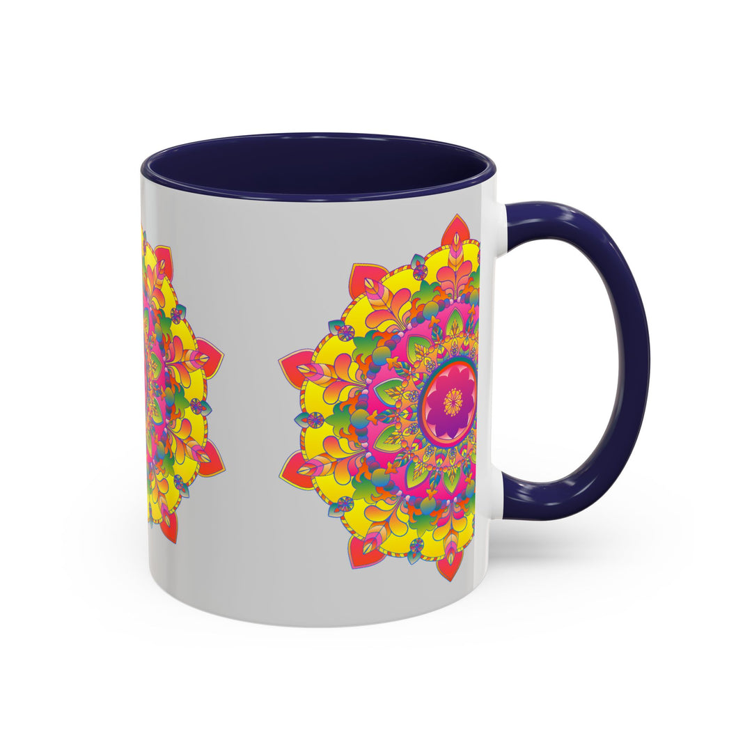 Vibrant mandala design with intricate patterns on a grey ceramic mug