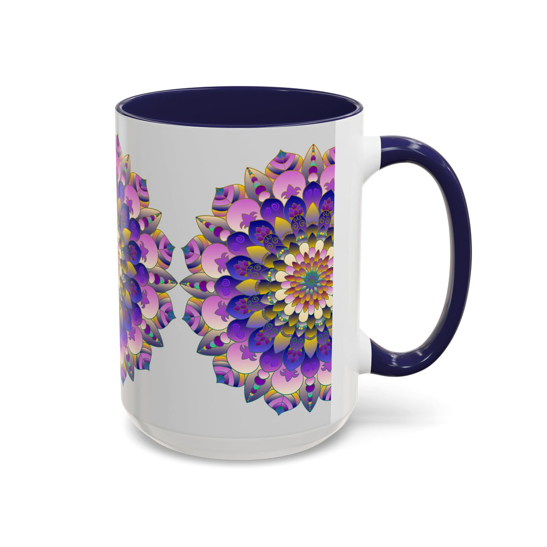 A close-up image of a mandala art mug, featuring vibrant, intricate designs in various colors on a grey background