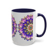 A close-up image of a mandala art mug, featuring vibrant, intricate designs in various colors on a grey background