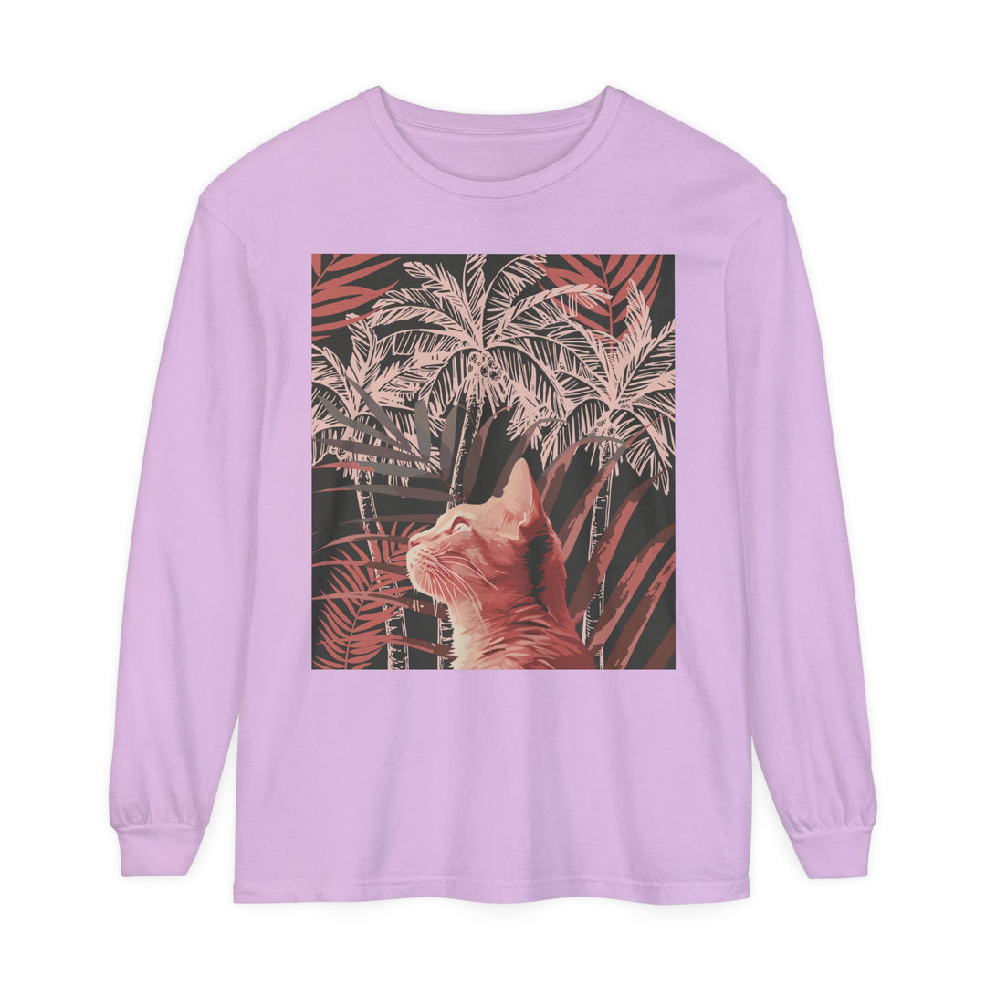 Adorable ginger cat lounging under a palm tree on a trendy t-shirt