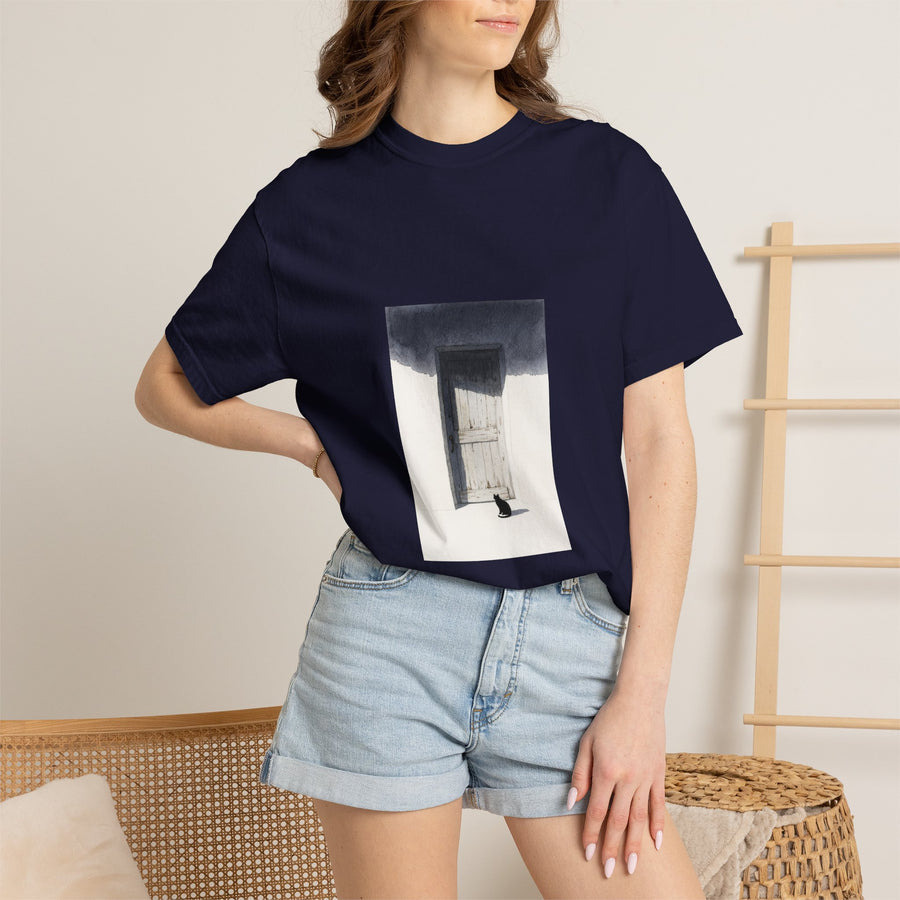 T-Shirt — Minimal Art Cat at Door Graphic Tee