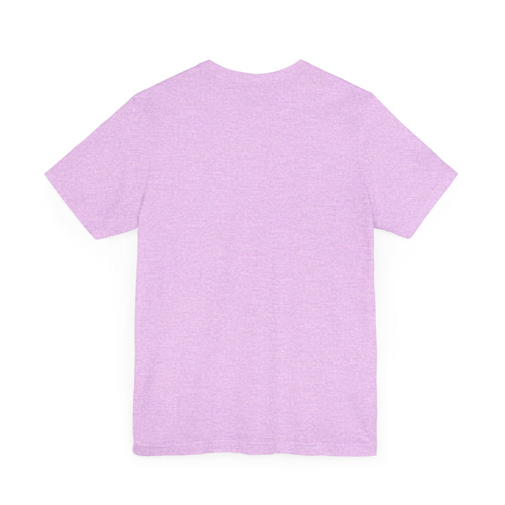 A purple t-shirt featuring a whimsical design of a mysterious cat