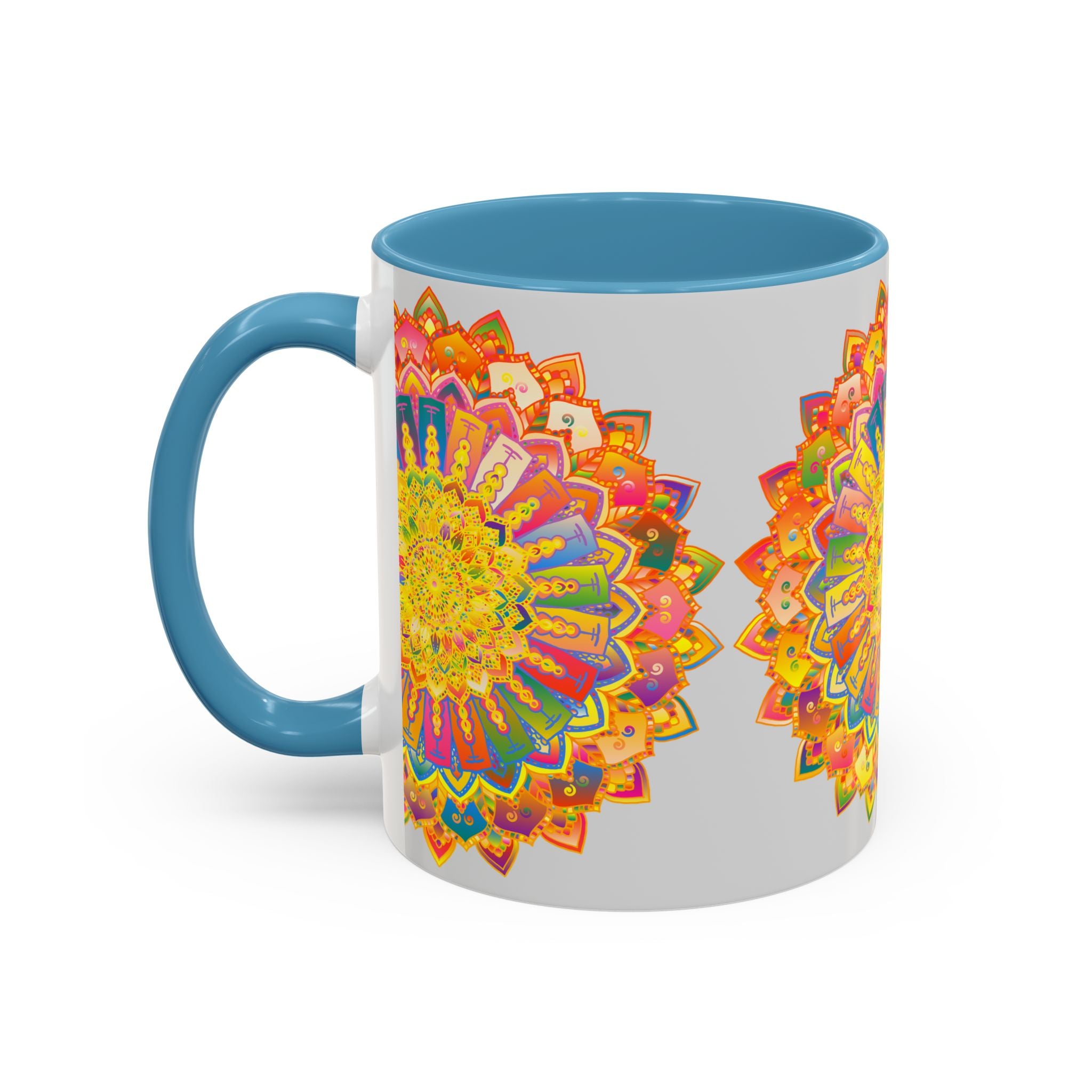 Vibrant and colorful mandala mug featuring intricate art on a grey background