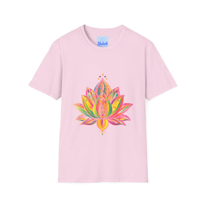 Lotus Mandala Unisex T-Shirt with Hand-Drawn Unique Design by Blululi, a perfect addition to your wardrobe for a touch of bohemian elegance