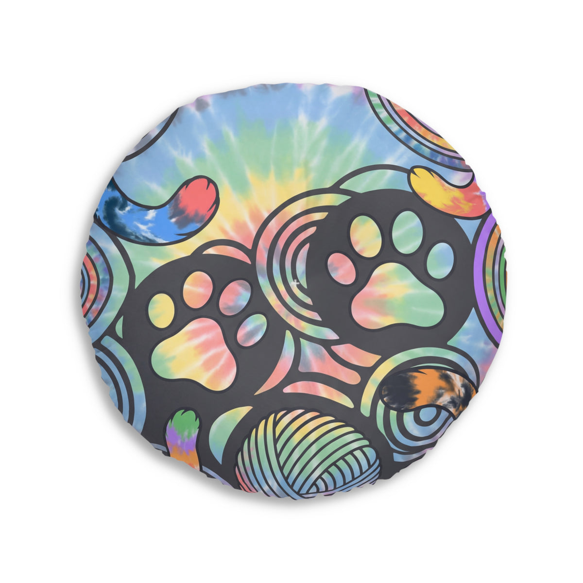 Purrfectly Cozy Cat Floor Pillow — Tie-Dye Round Cushion