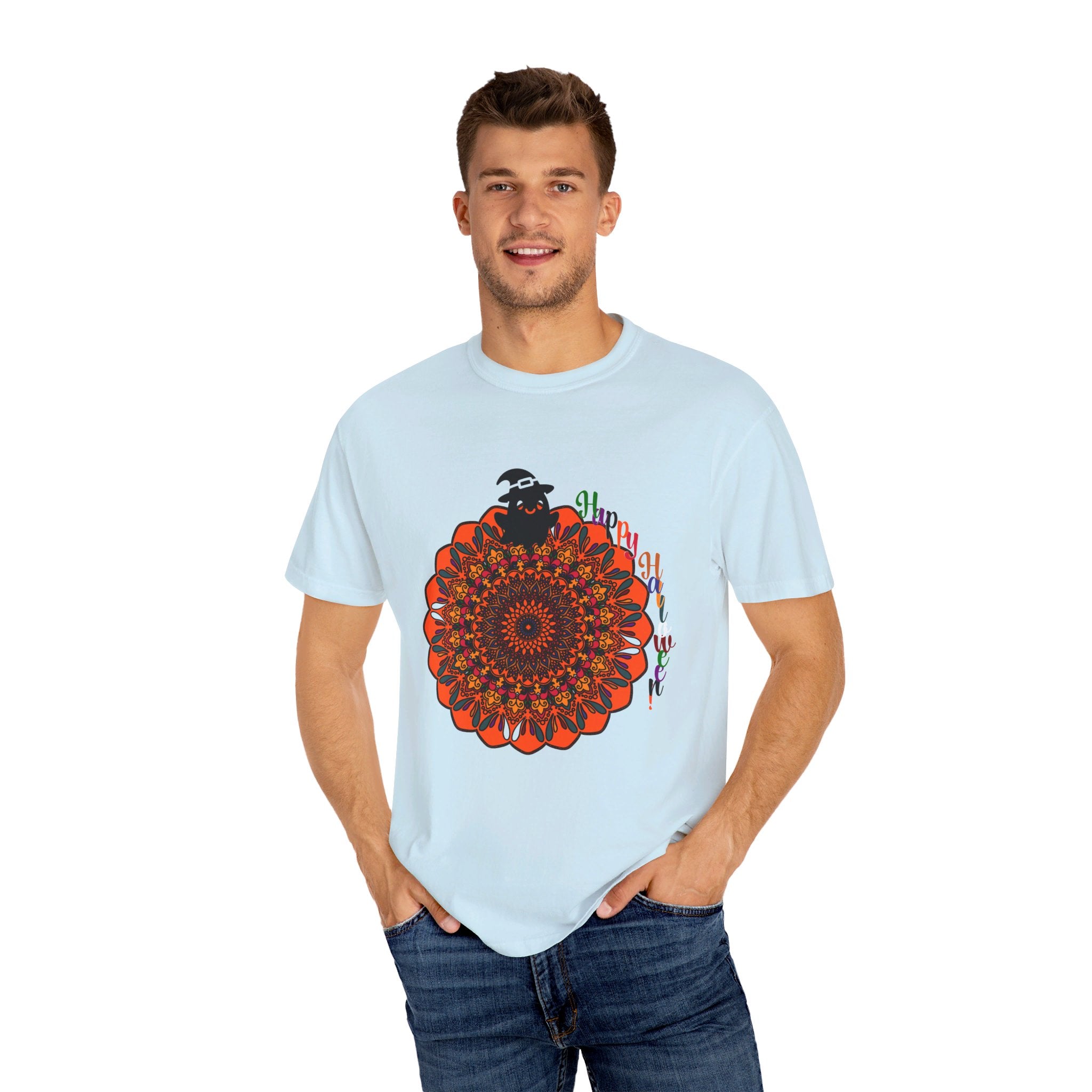 Handmade Unisex T-shirt with Pumpkin Mandala Art for Halloween