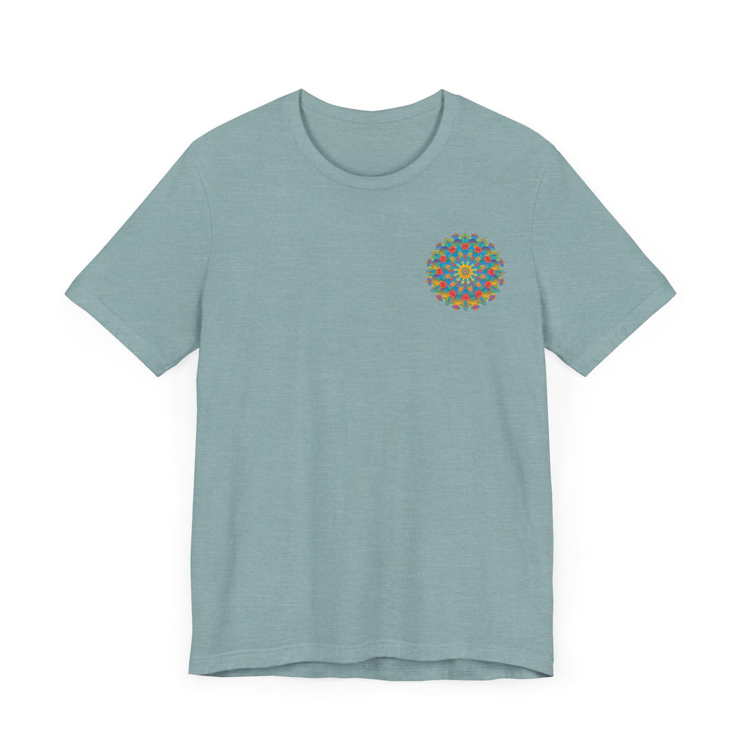 Colorful and intricate psychedelic mandala design on a t-shirt promoting spiritual peace and mindfulness