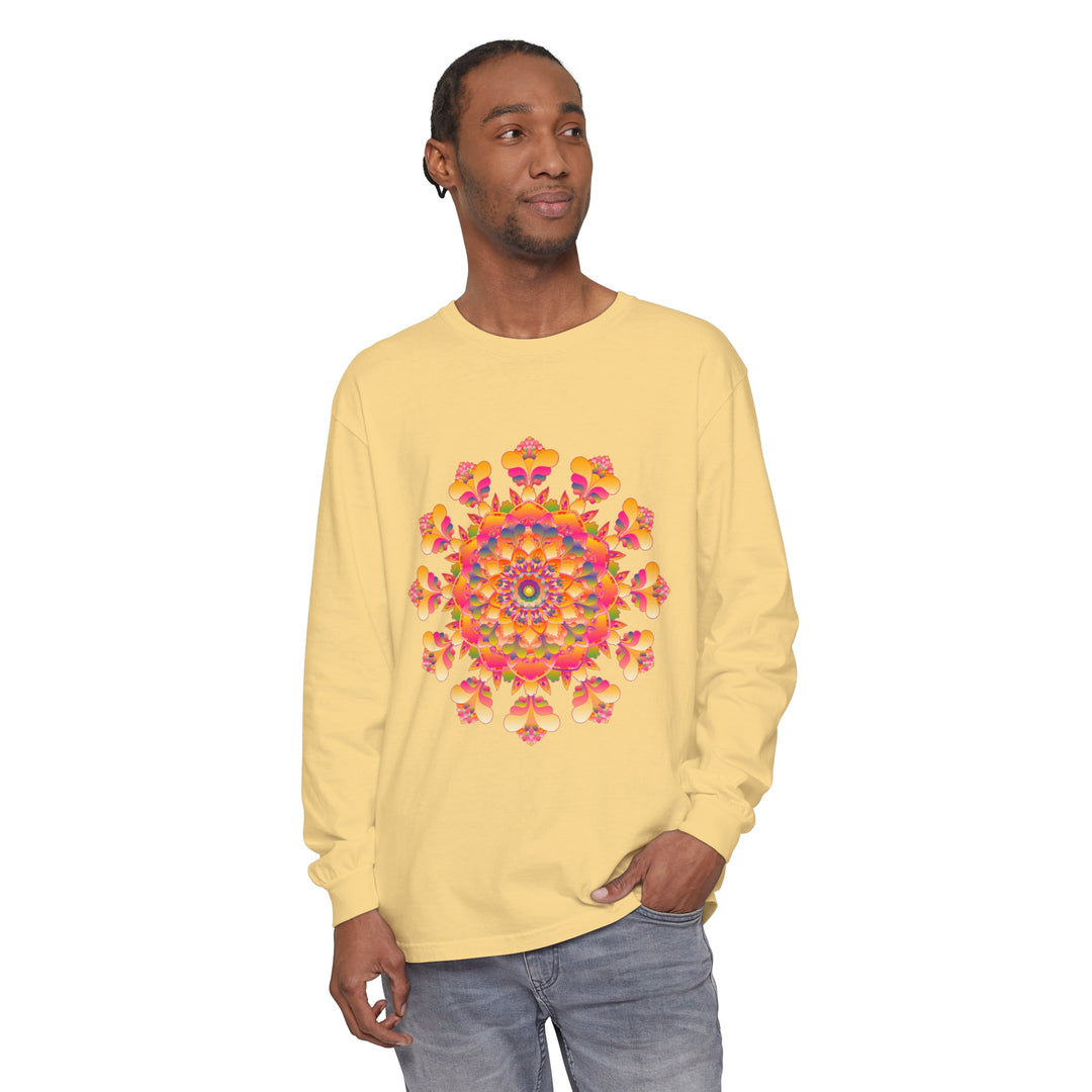 Colorful, intricate vibrantly designed long sleeve t-shirt with mandala pattern for both men and women