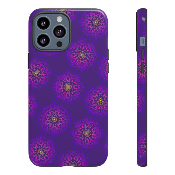 Intricate Purple Floral iPhone Case with Bold Mandala Design