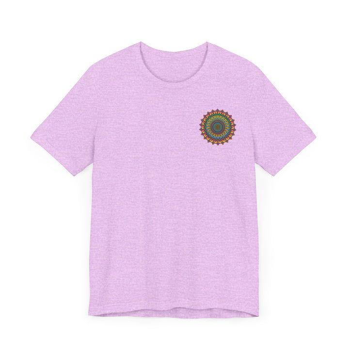 Woman walking in nature wearing Vibrant Mandala Tee - Spiritual Peace & Harmony shirt