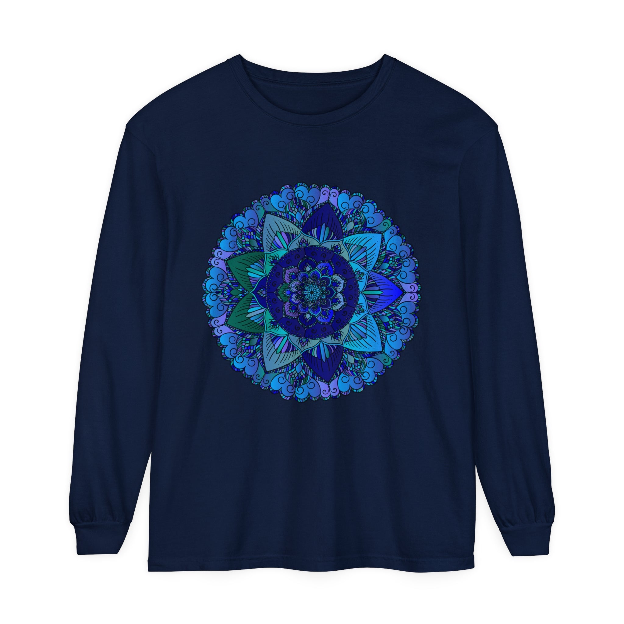 Dark blue and green mandala long sleeve t-shirt featuring intricate design